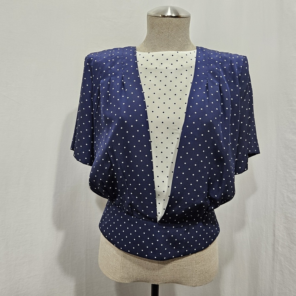 Vtg 80s Claude Bennett Blouson Blouse Womens 8 Petite Navy Polka Dot Back Button